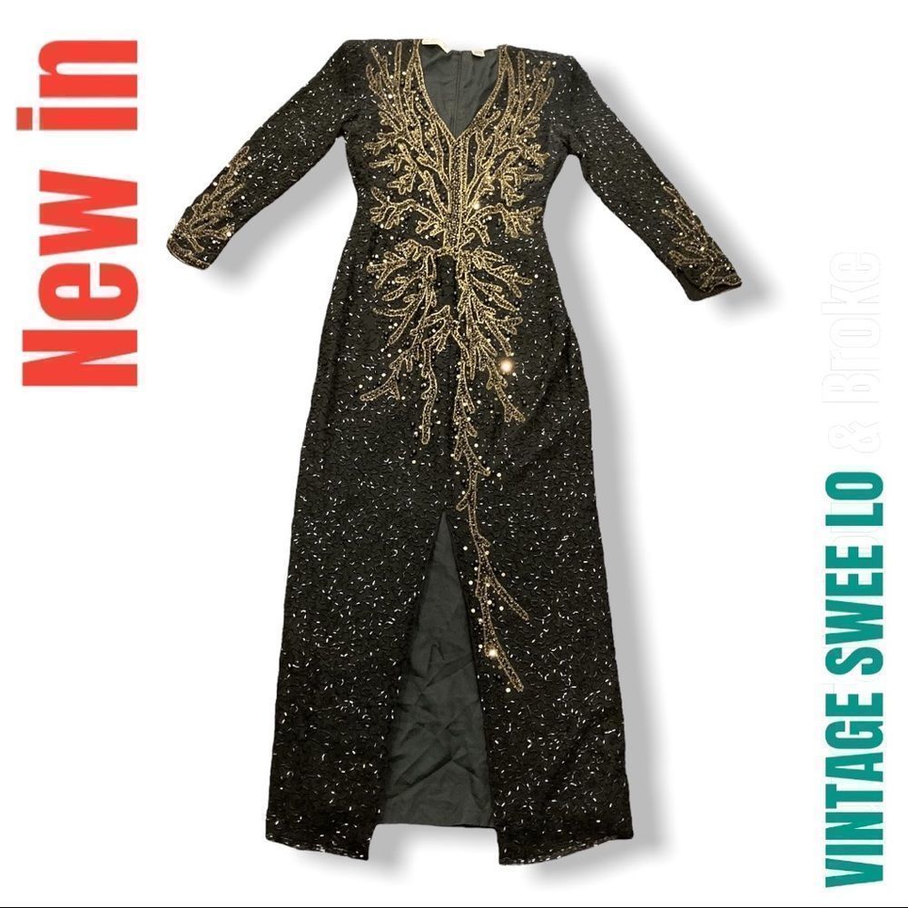Vintage Swee Lo black and gold sparkling shimmery  sequin evening gown w/ split
